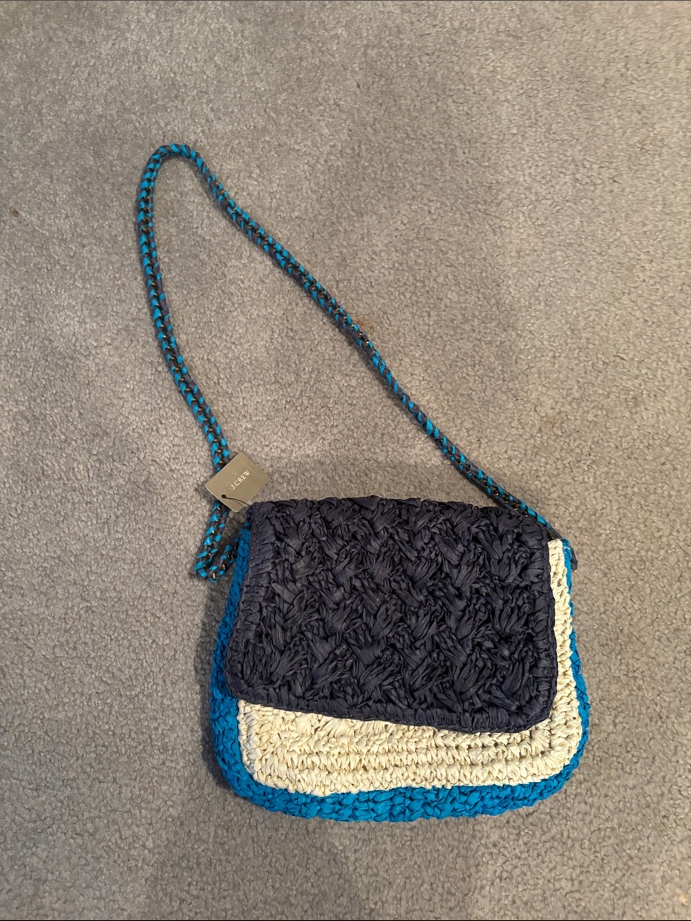 J.Crew Handwoven Blue & Cream Crochet Crossbody Bag